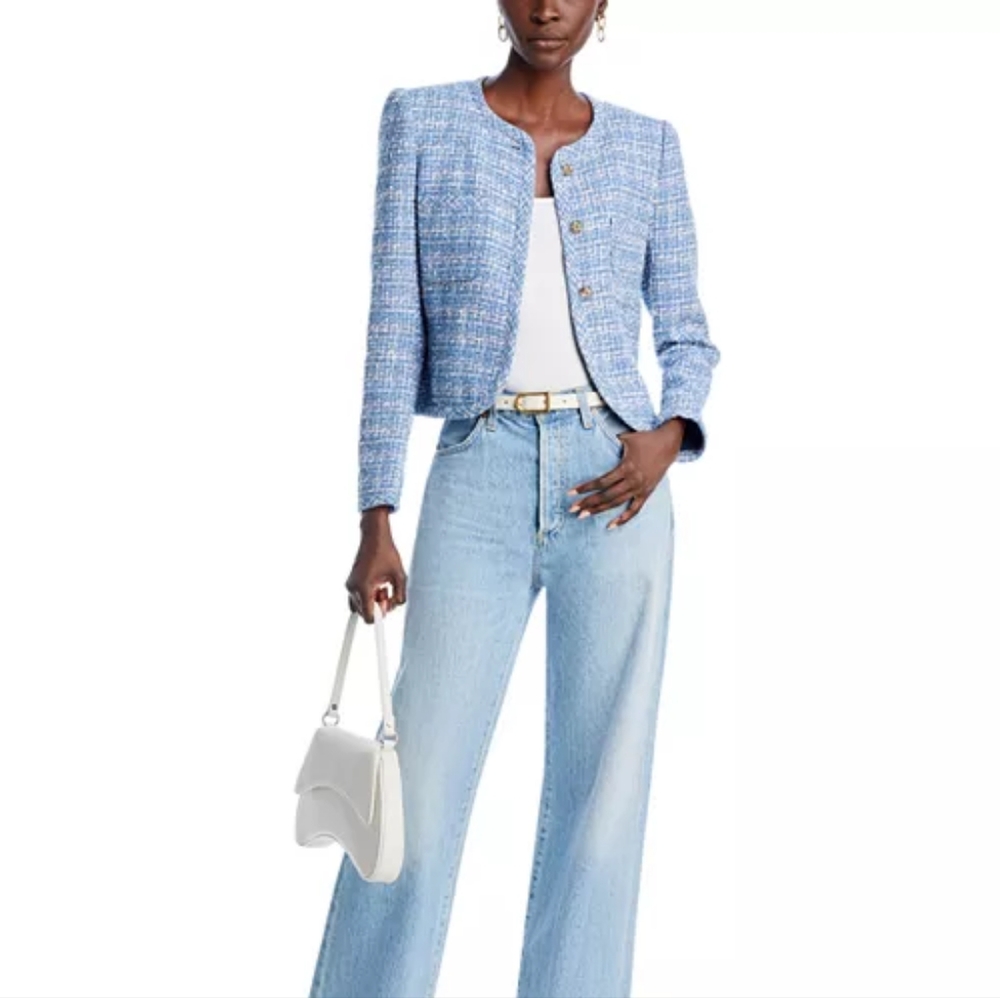 Derek Lam 10 Crosby Emilia Tweed Collarless Jacket – Cobalt Multi | Cropped - Picture 5 of 6